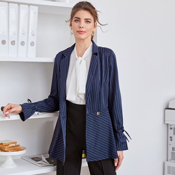 

Striped Knot Cuff Peplum Blazer, Navy blue