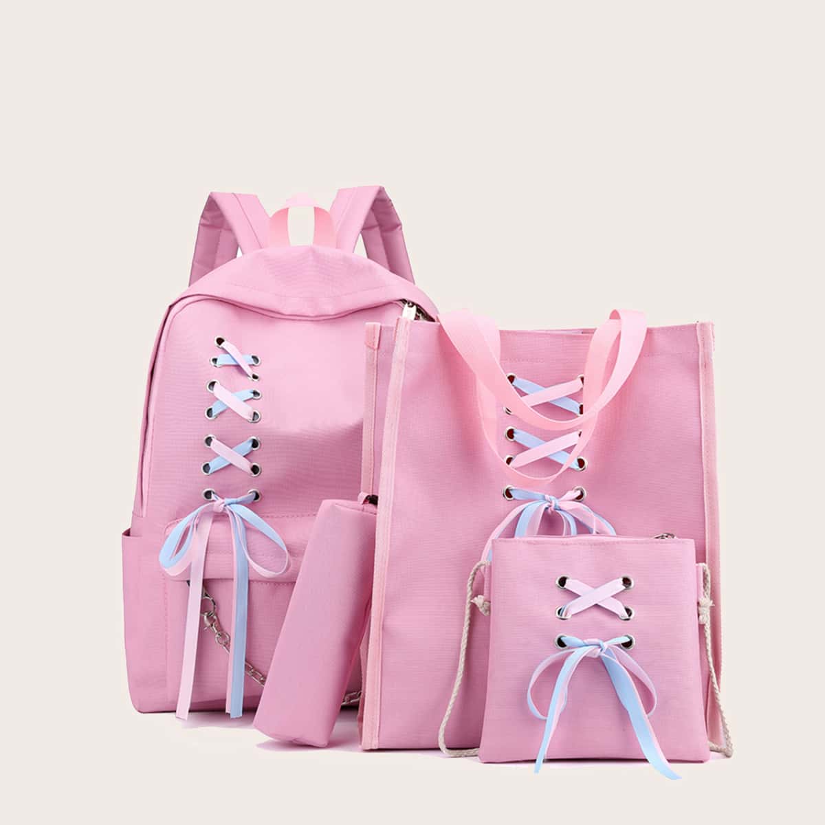 

4pcs Lace-up Decor Backpack Set, Pink