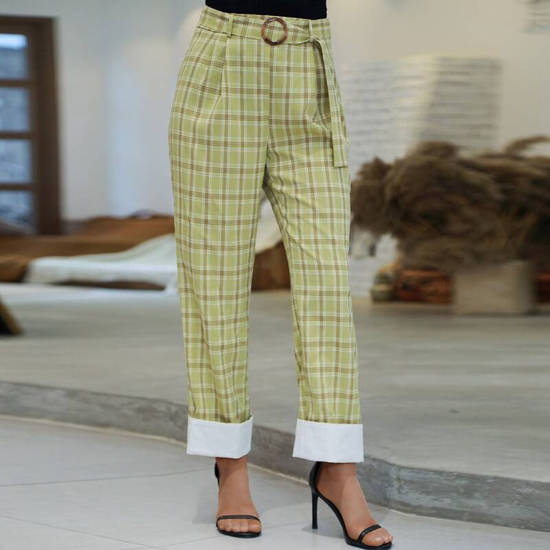 

Double Crazy High Waist Belted Tartan Pants, Lime green