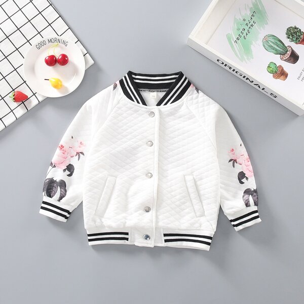 

Toddler Girls Floral And Striped Print Bomber Jacket, White