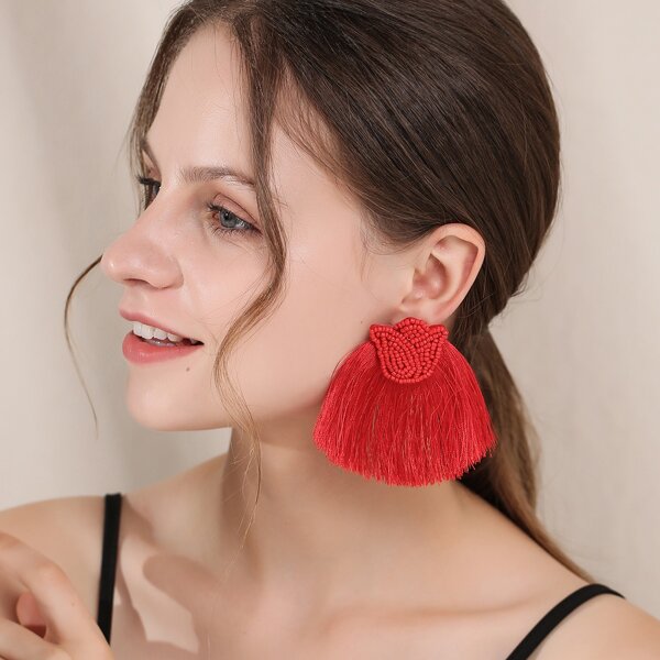 

Tassel Decor Drop Earrings, Red