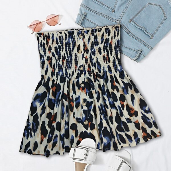 

Plus All Over Print Button Front Shirred Detail Tube Top, Multicolor