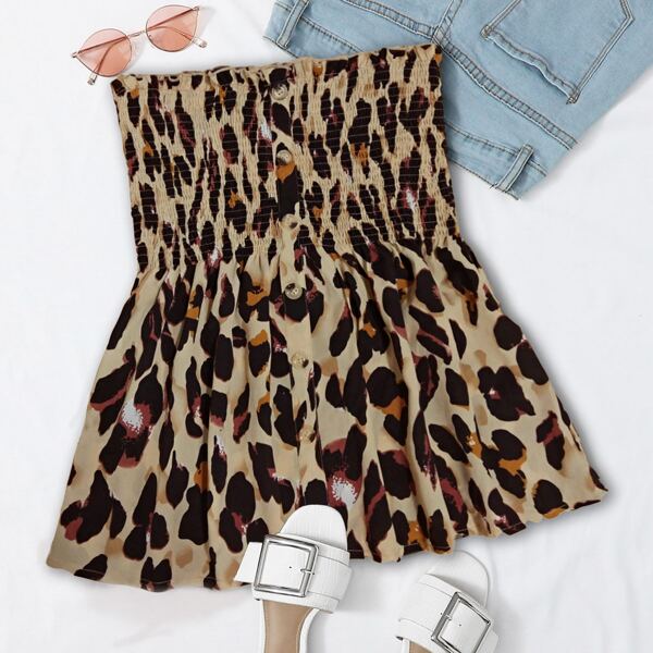 

Plus All Over Print Button Front Shirred Detail Tube Top, Multicolor
