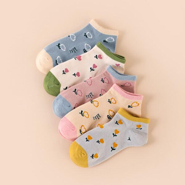 

5pairs Flower Pattern Socks, Multicolor