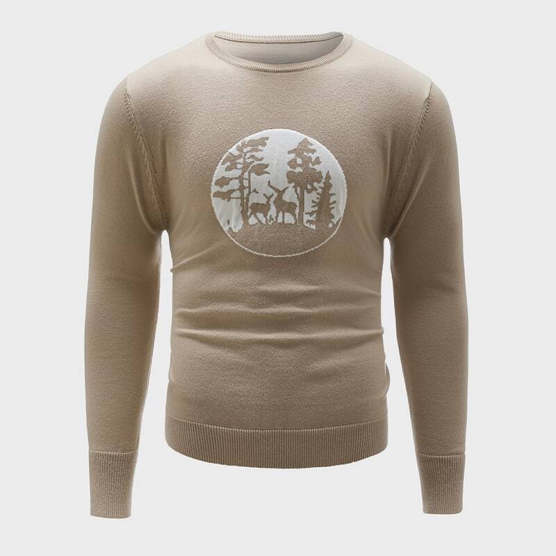 

Guys Animal And Tree Pattern Round Neck Sweater, Khaki