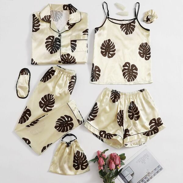

7pcs Leaf Print Satin Pajama Set, Champagne