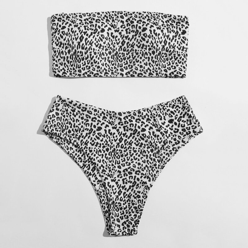 

Allover Graphic Bandeau High Waisted Bikini Swimsuit, Black and white