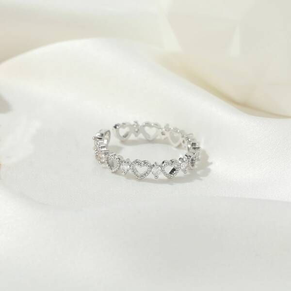 

Rhinestone Hollow Heart Cuff Ring, Silver