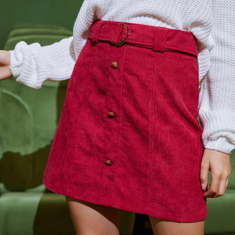 

Belted Corduroy Skirt, Burgundy