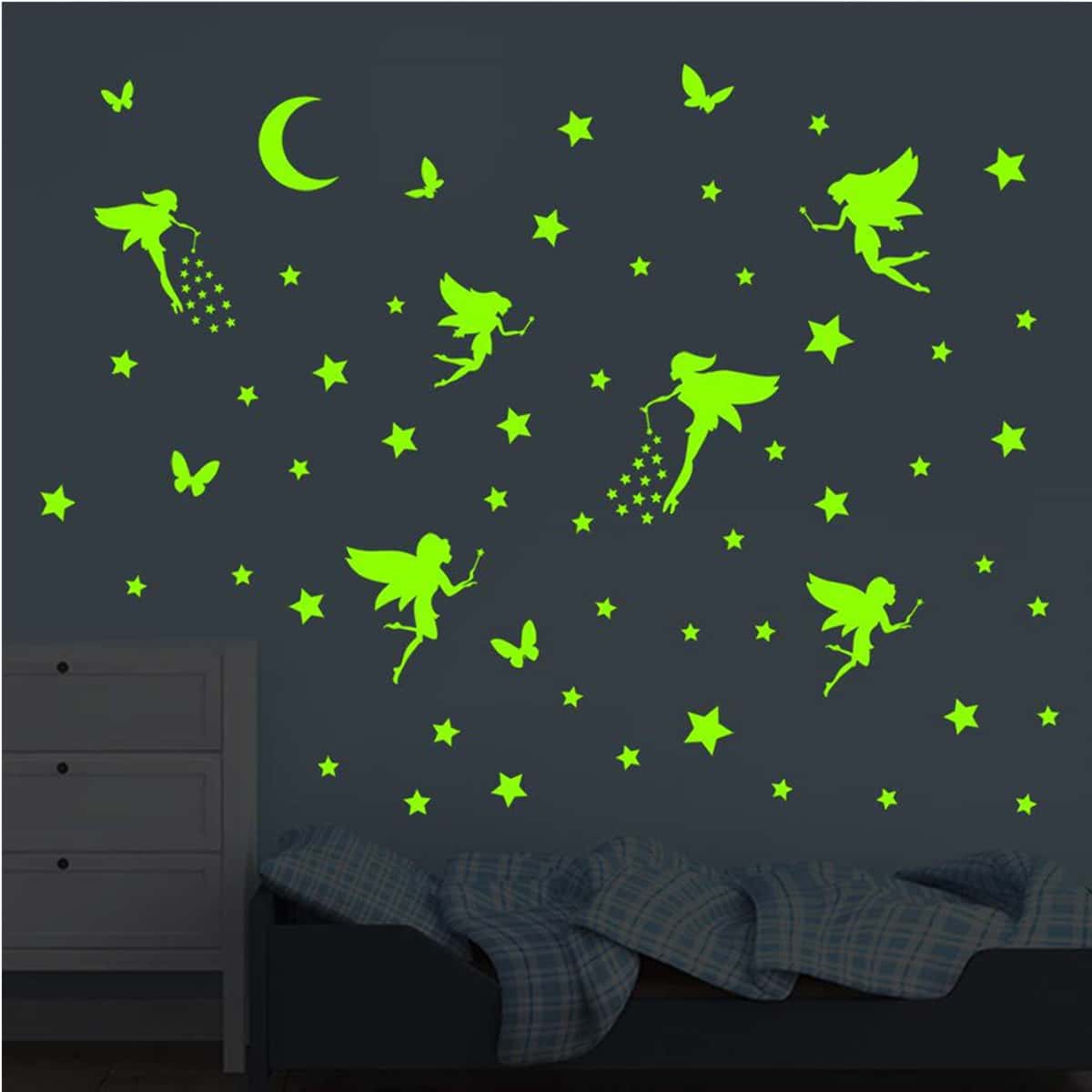 

1set Elf Print Luminous Wall Sticker, Green