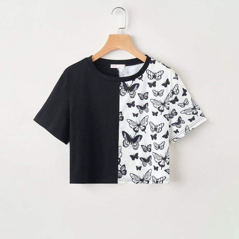 

Butterfly Print Spliced Crop Tee, Black and white