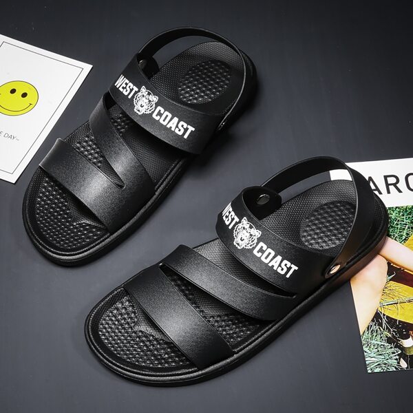 

Men Tiger & Letter Graphic Slingback Sandals, Black