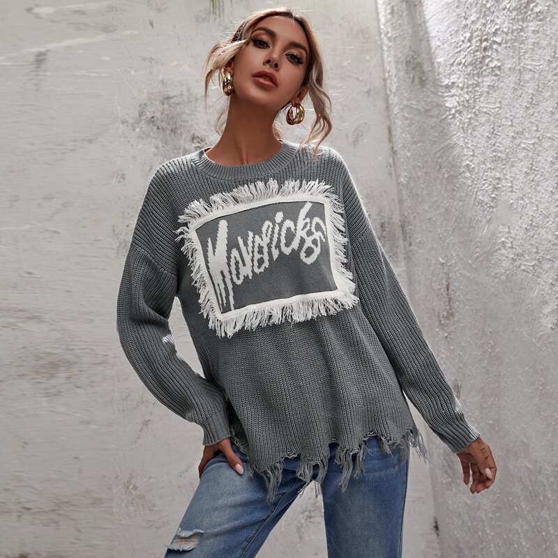 

Letter Graphic Raw Hem Sweater, Grey