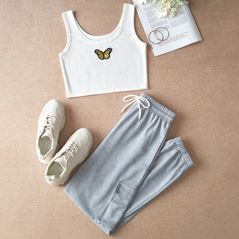 

Butterfly Embroidery Crop Tank & Solid Joggers, Multicolor