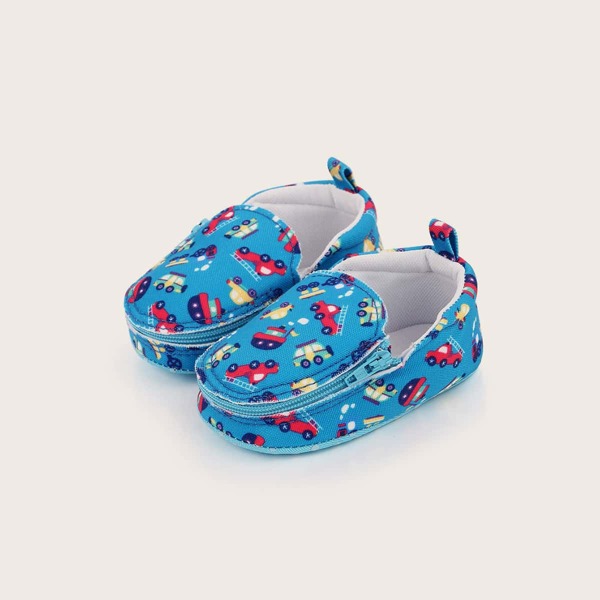 

Baby Boy Cartoon Car Print Zip Around Flats, Blue