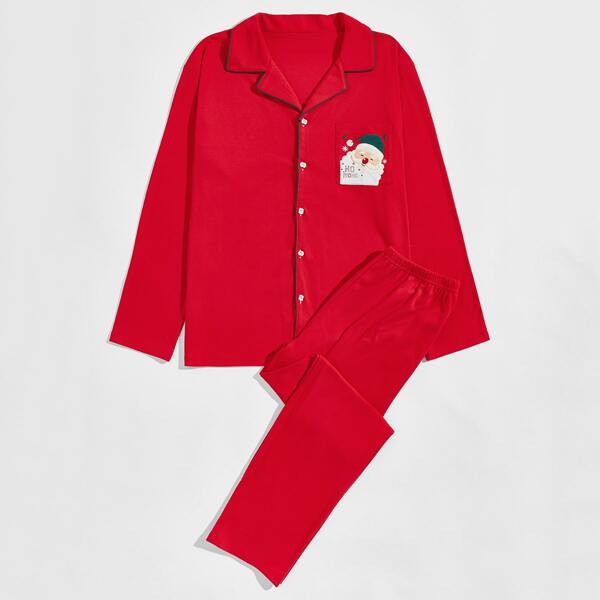 

Men Christmas Print Contrast Piping PJ Set, Red