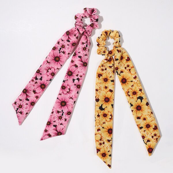 

2pcs Flower Pattern Scrunchie Scarf, Multicolor