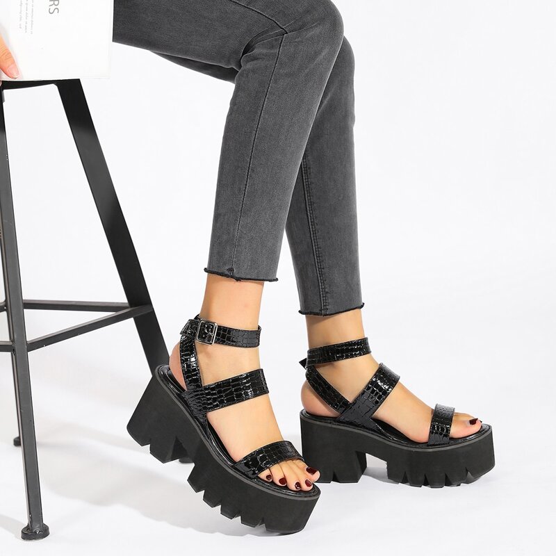 

Croc Embossed Platform Chunky Heeled Sandals, Black