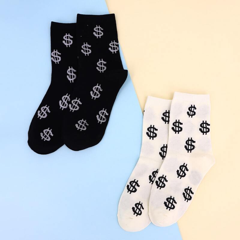 

2pairs Dollar Pattern Socks, Black and white