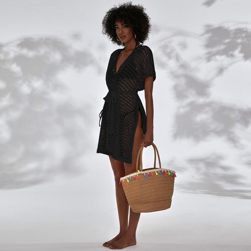 

Hollow-out Split Side Belted Kimono, Black