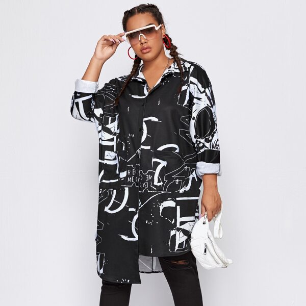

Plus Graphic Print High Low Blouse, Black
