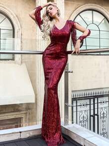 Missord Split Sleeve Sequin Mermaid Prom Dress - Burgundy - View 1