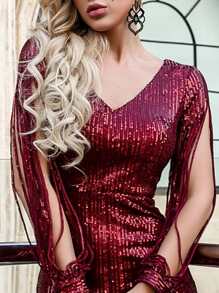 Missord Split Sleeve Sequin Mermaid Prom Dress - Burgundy - View 3