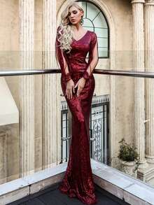 Missord Split Sleeve Sequin Mermaid Prom Dress - Burgundy - View 4