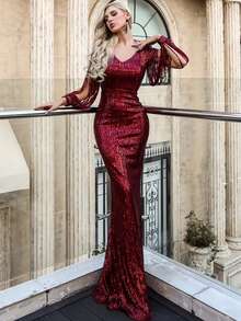 Missord Split Sleeve Sequin Mermaid Prom Dress - Burgundy - View 5