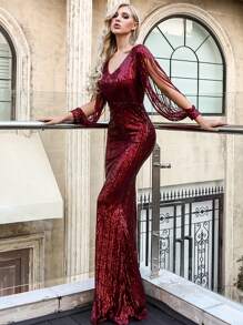 Missord Split Sleeve Sequin Mermaid Prom Dress - Burgundy - View 6