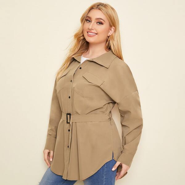 

Plus Flap Pocket Curved Hem Belted Coat, Khaki