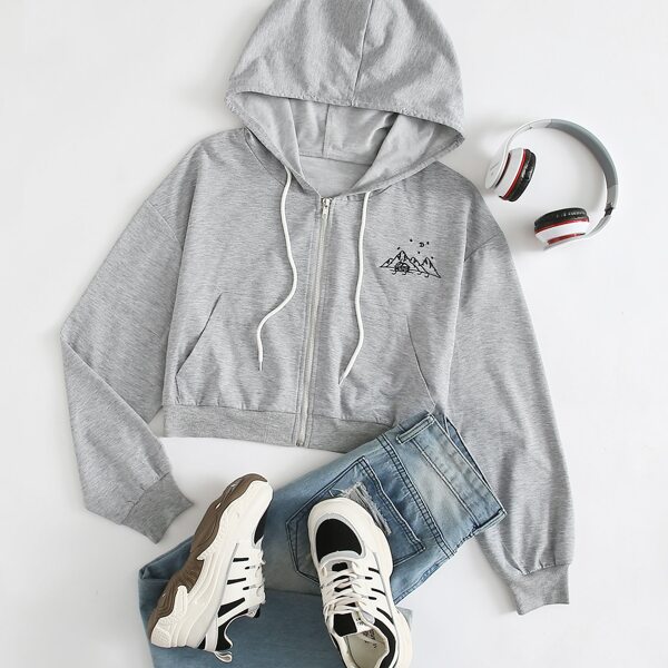 

Embroidery Kangaroo Pocket Drawstring Zip-up Hoodie, Light grey