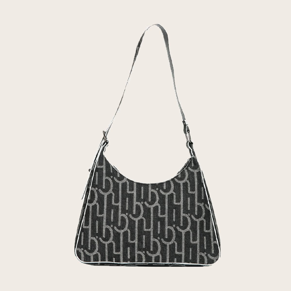

Geometric Graphic Baguette Bag, Black
