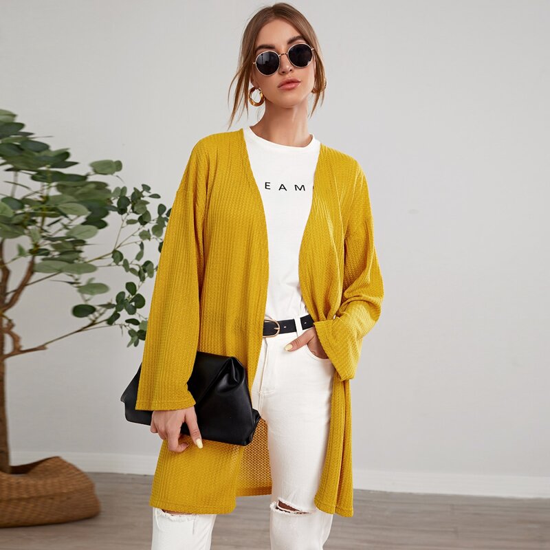

Solid Split Hem Open Front Coat, Mustard yellow