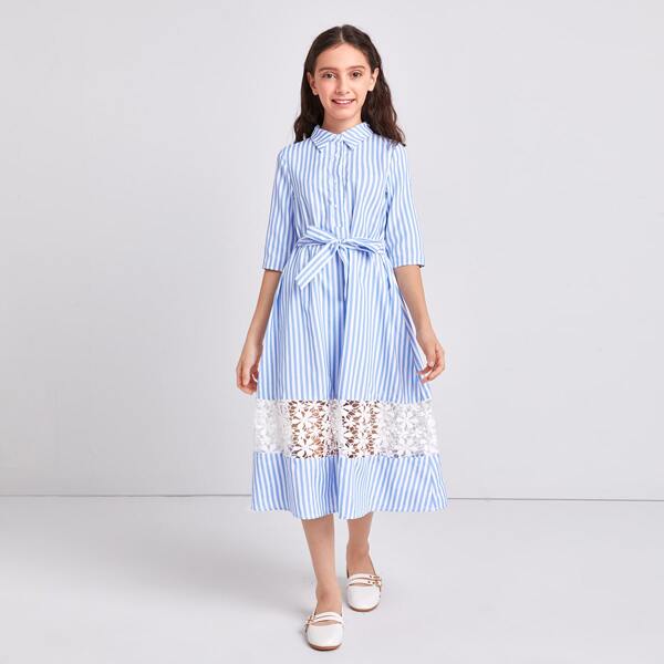 

Girls Guipure Lace Insert Self Belted Striped Shirt Dress, Blue and white