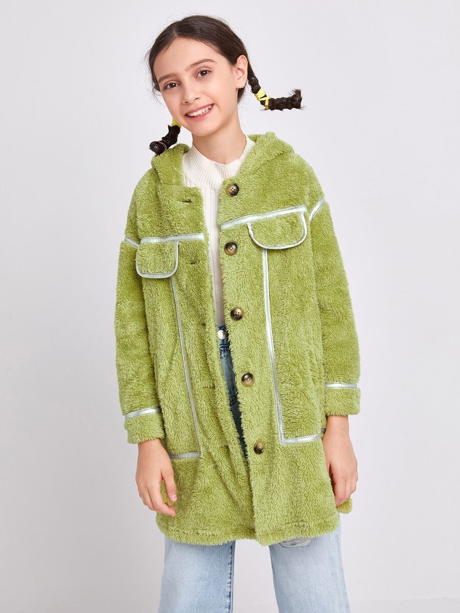 SHEIN Girls Contrast Binding Flap Detail Teddy Coat - Lime Green - View 1