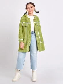 SHEIN Girls Contrast Binding Flap Detail Teddy Coat - Lime Green - View 3