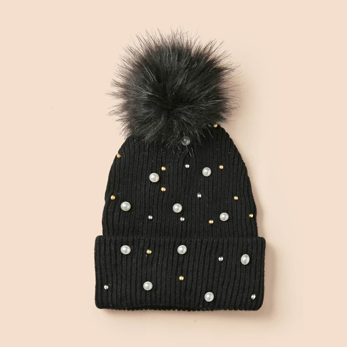 

Pom Pom Decor Beanie, Black