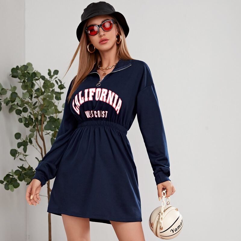 

O-Ring Zipper Letter Print Sweatshirt Dress, Navy blue