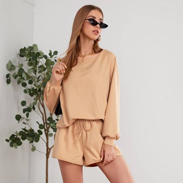 

Solid Drop Shoulder Tee & Track Shorts, Apricot