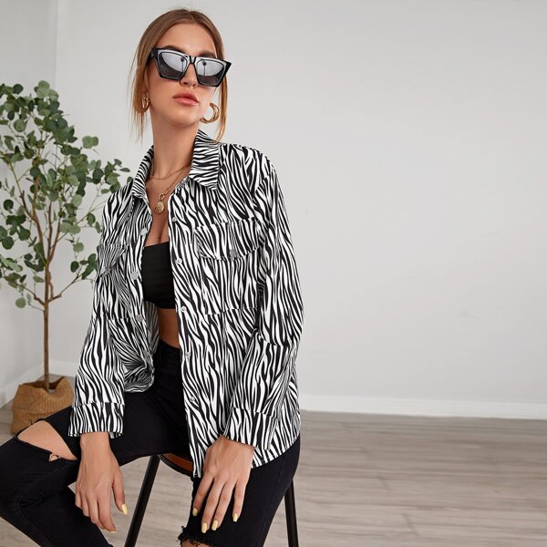 

Zebra Striped Flap Pocket Overshirt, Black and white