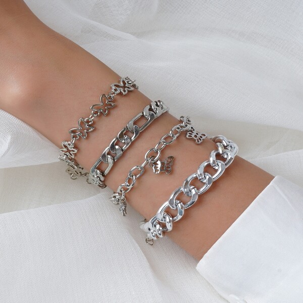 

4pcs Butterfly Charm Metal Bracelet, Silver