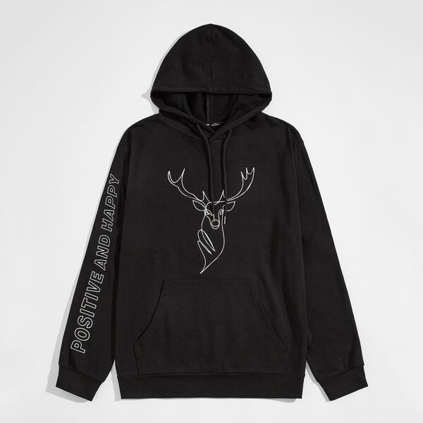 

Men Letter and Elk Print Pouch Pocket Hoodie, Black