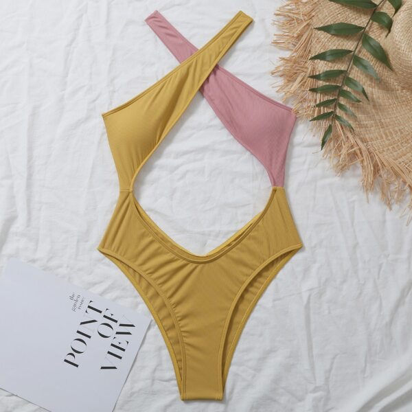 

Two Tone Rib Cut-out One Piece Swimsuit, Multicolor