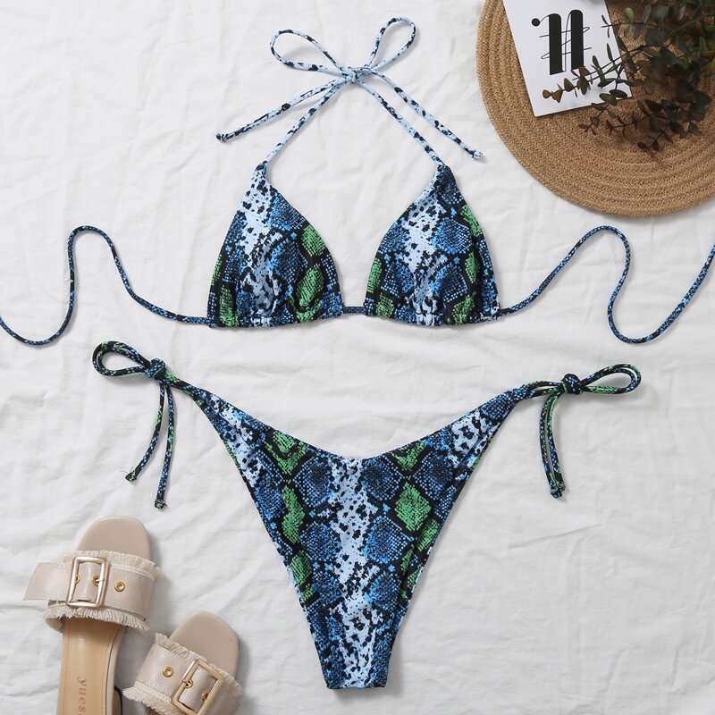 

Snakeskin Triangle Halter Tie Side Bikini Swimsuit, Multicolor