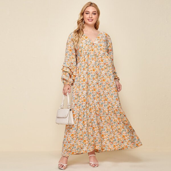 

Plus Allover Floral Ruffle Hem Smock Dress, Multicolor
