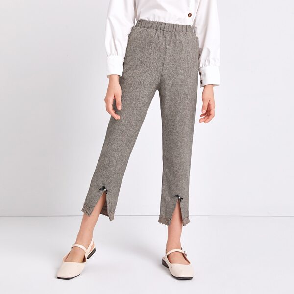 

Girls Pearl Beaded Bow Detail Guipure Lace Hem Pants, Mocha brown