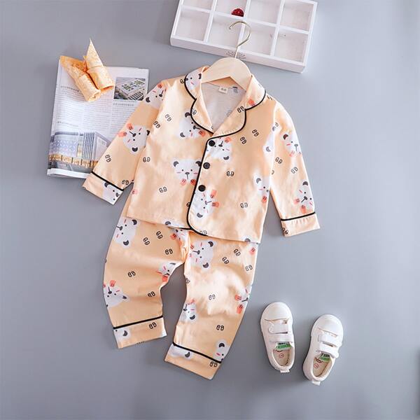 

Toddler Girls Cartoon Bear Print Contrast Binding PJ Set, Orange pastel