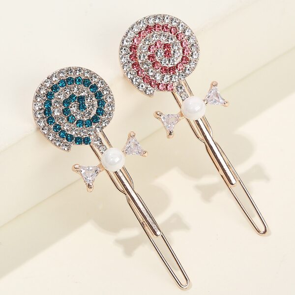 

2pcs Rhinestone Decor Lollipop Design Hair Clip, Multicolor