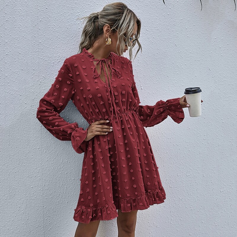 

Swiss Dot Tie Neck Ruffle Hem A-line Dress, Burgundy